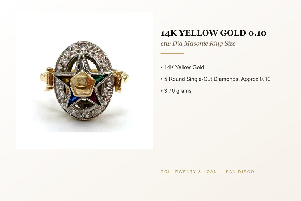 14K Gold 0.10 ctw Diamond Masonic Ring Size 4.25