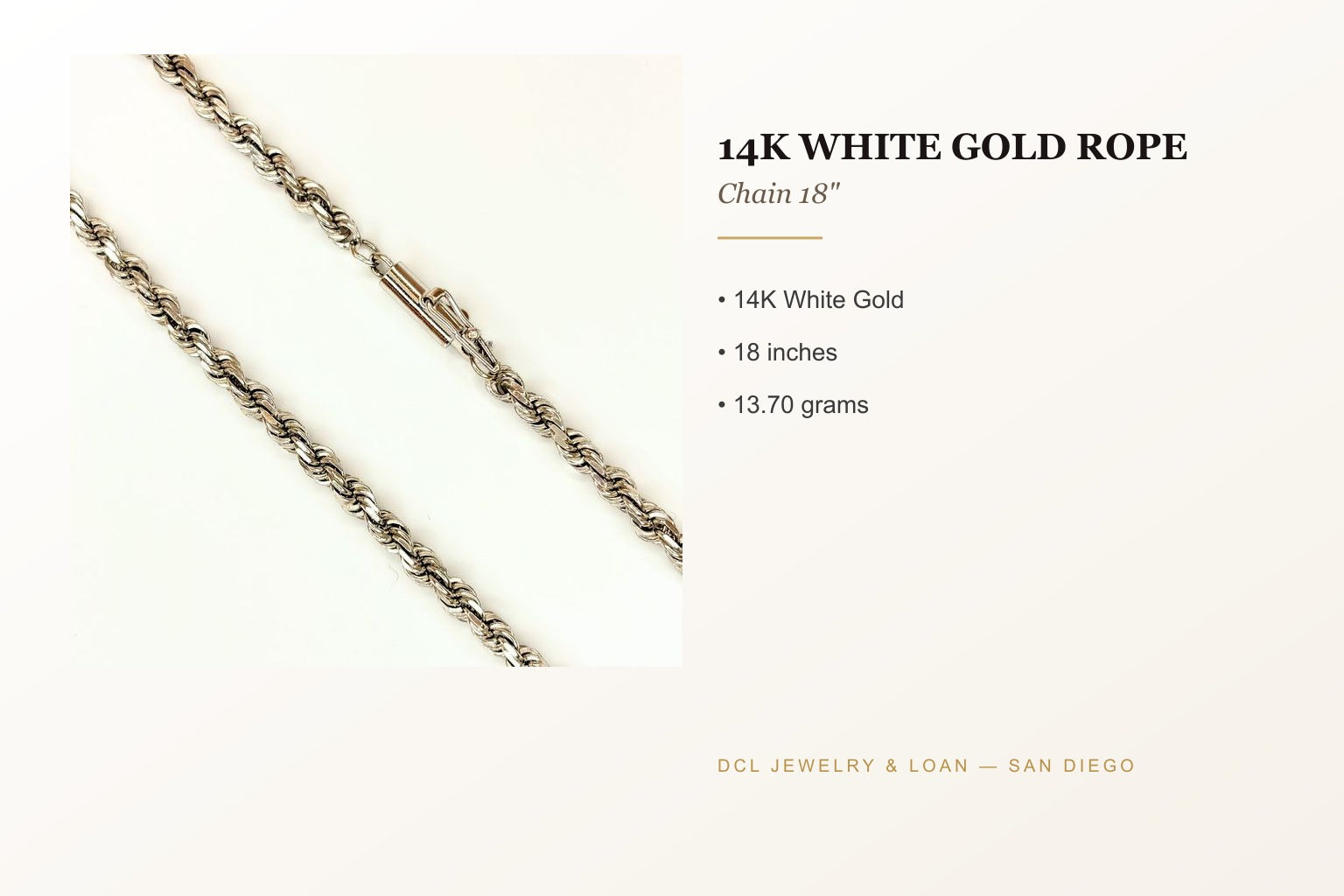 14K White Gold Rope Chain 18"