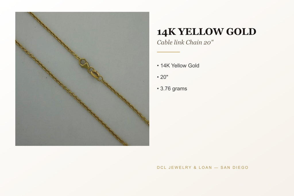 14K Yellow Gold Cable Link Chain 20 Inch