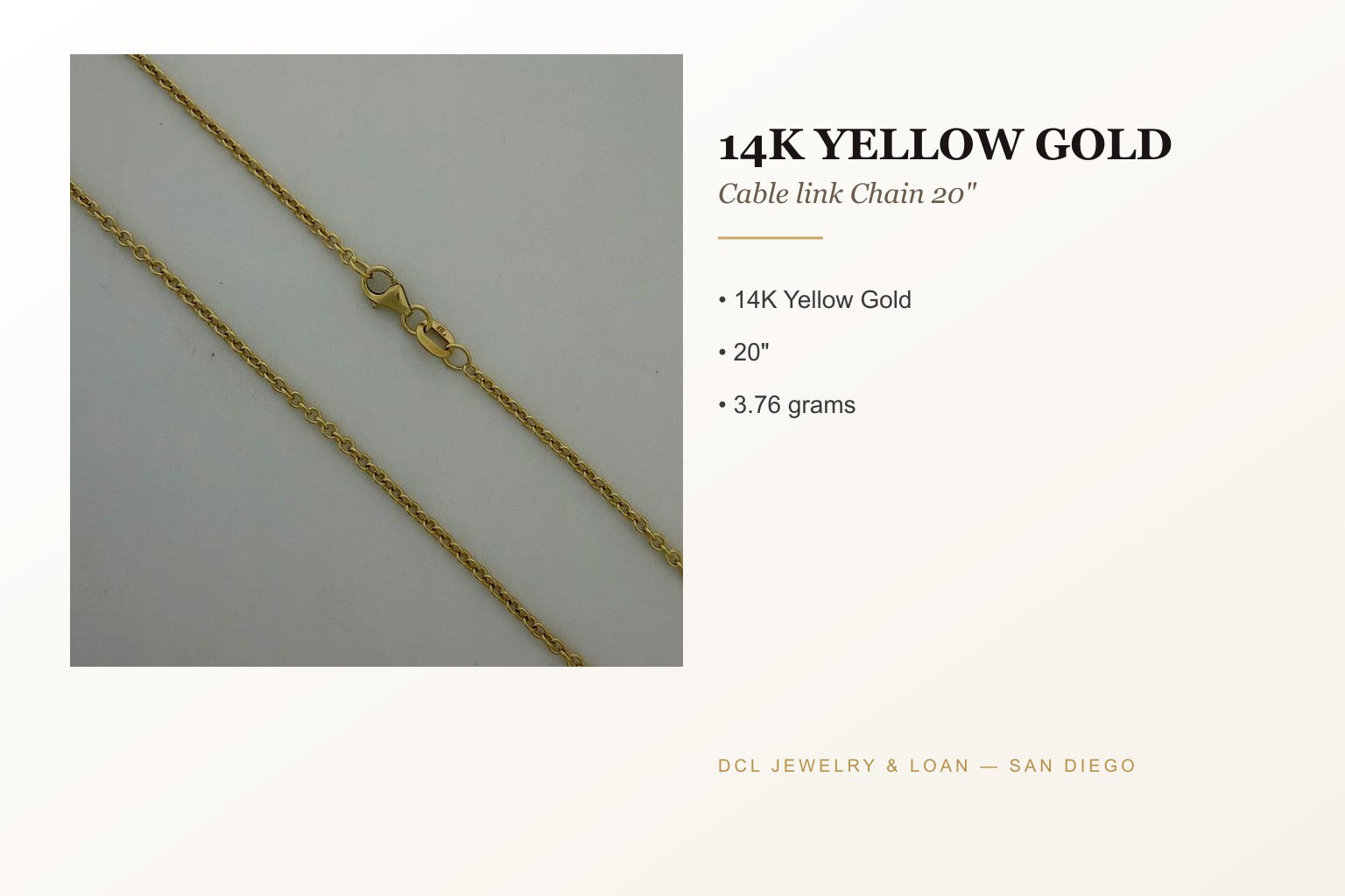14K Yellow Gold Cable Link Chain 20 Inch