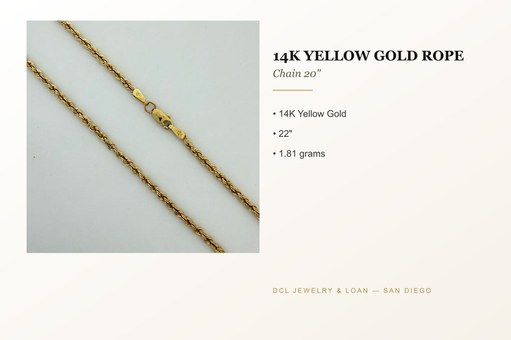 14K Yellow Gold Rope Chain Necklace 20"