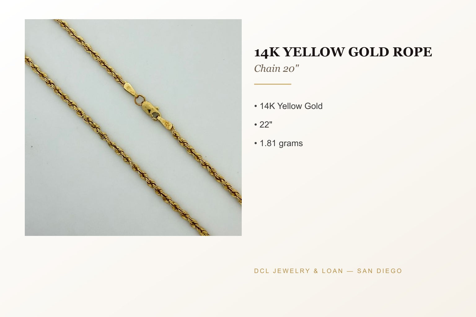 14K Yellow Gold Rope Chain Necklace 20"