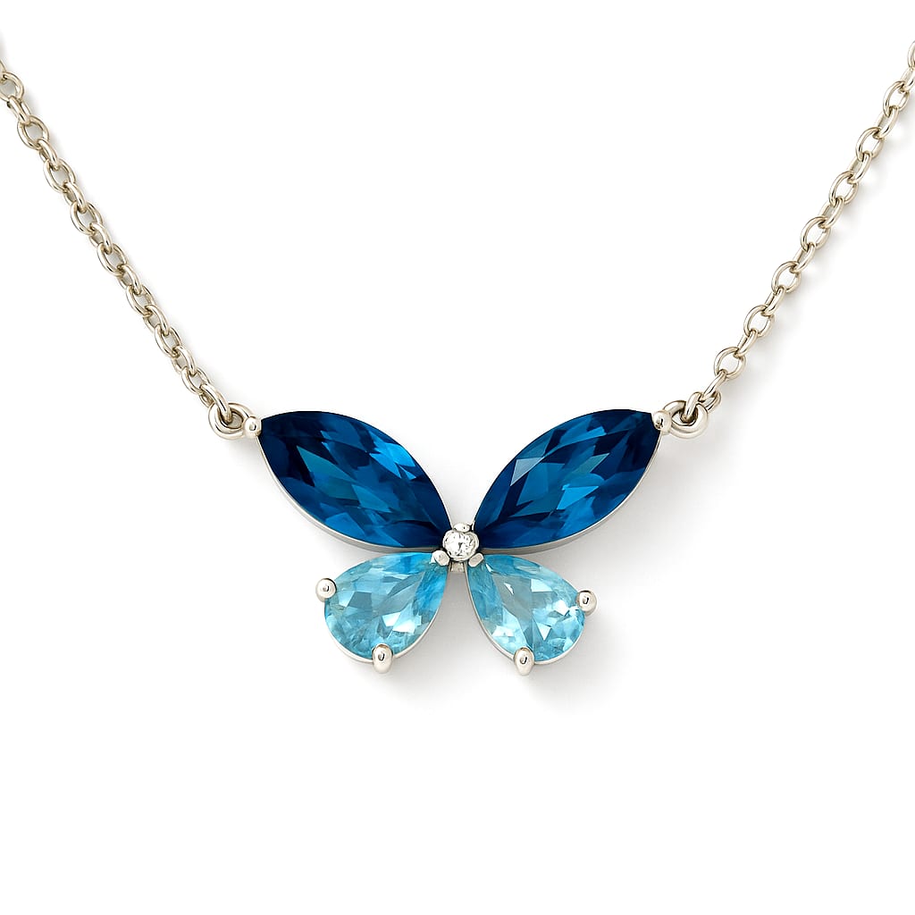 14K White Gold Blue Topaz Butterfly Necklace 1