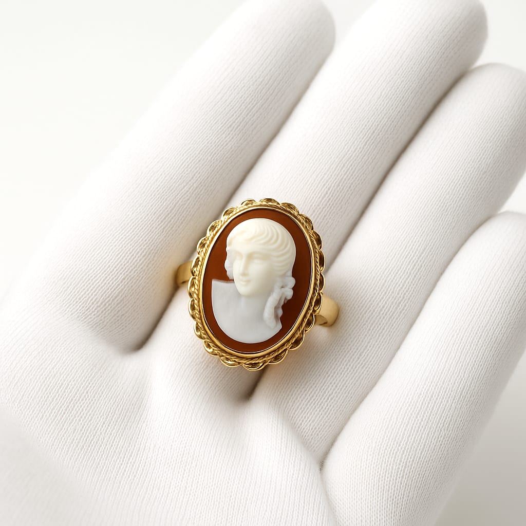 12K Yellow Gold Vintage Cameo Ring Size 6.5 3