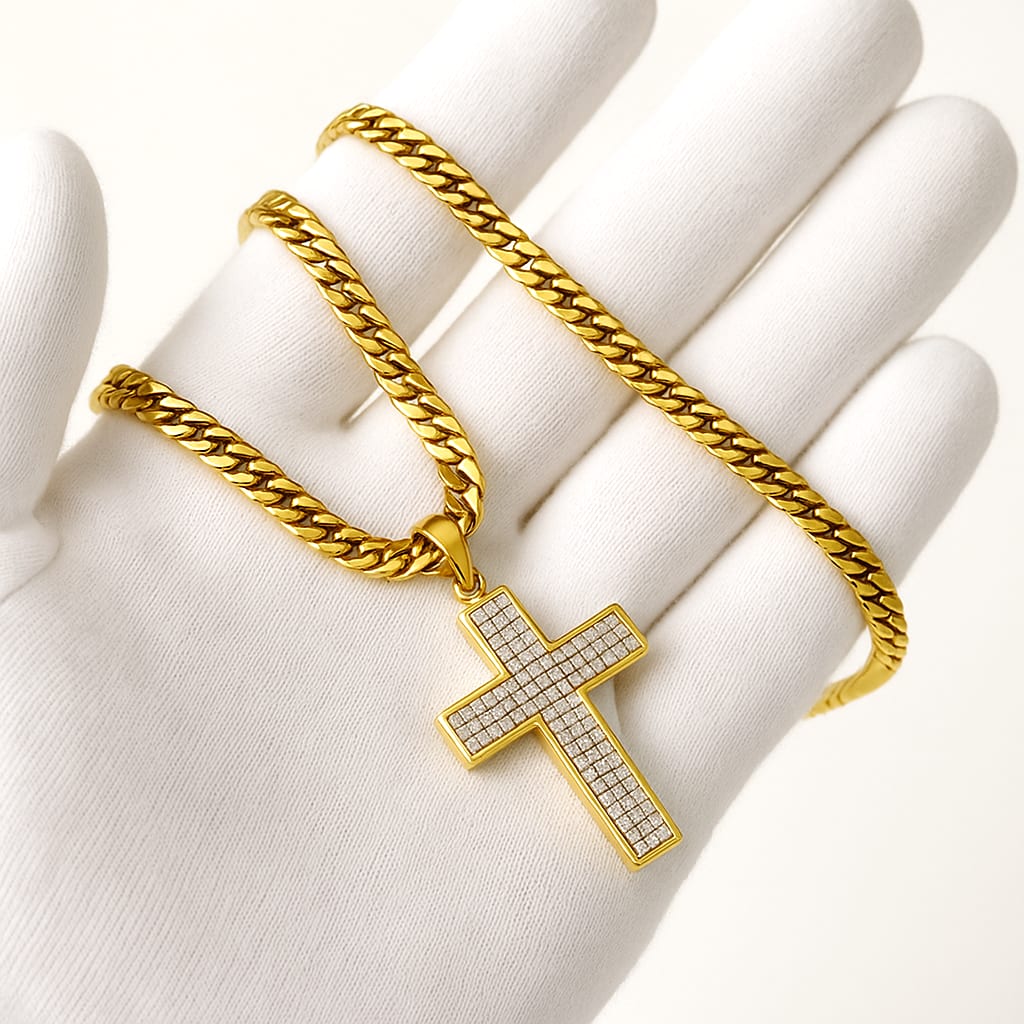 14K Yellow Gold 1.00 ctw Diamond Cross Necklace 4