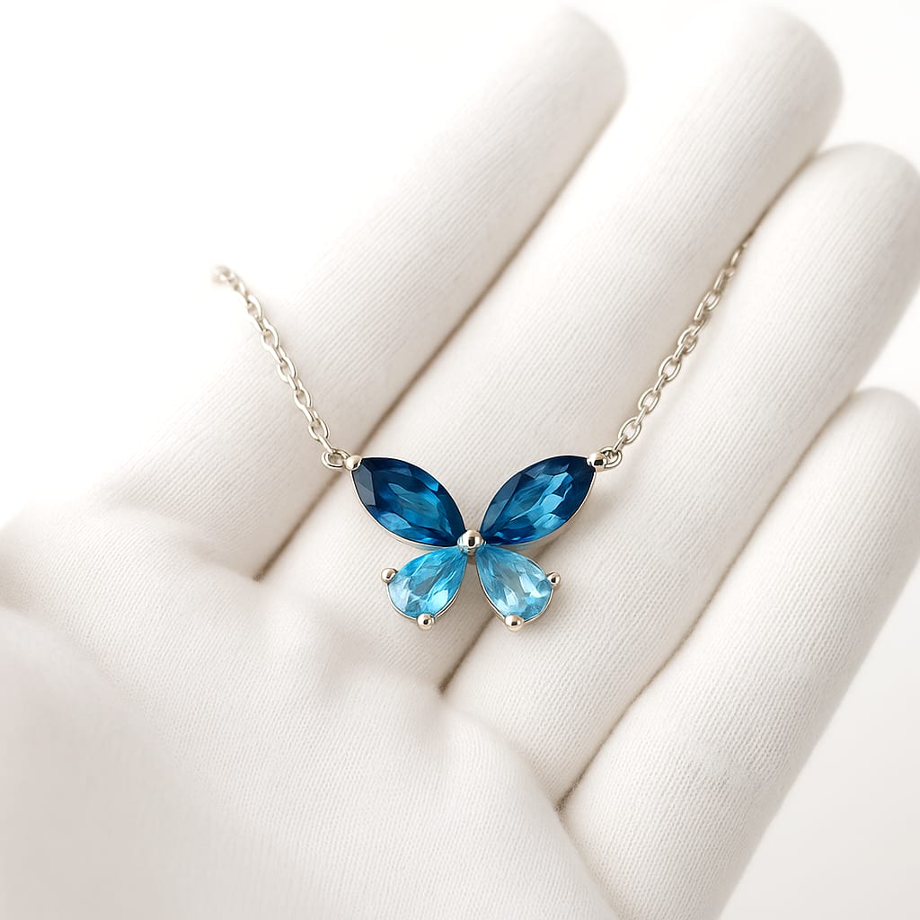 14K White Gold Blue Topaz Butterfly Necklace 4
