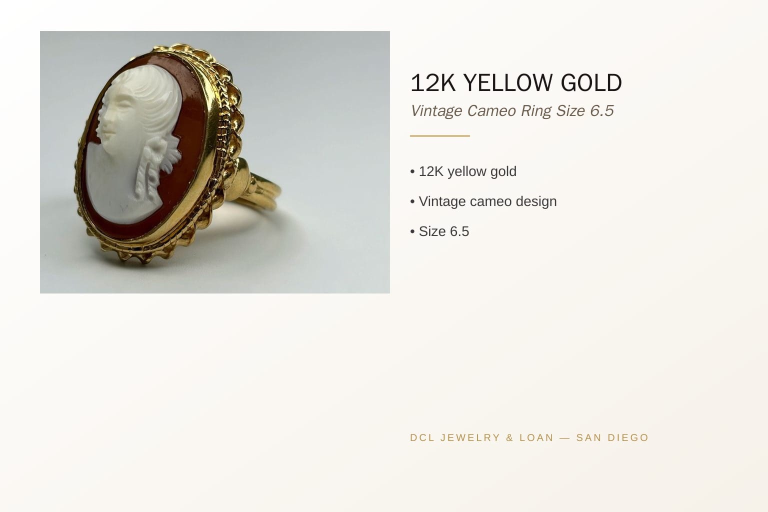 12K Yellow Gold Vintage Cameo Ring Size 6.5 5