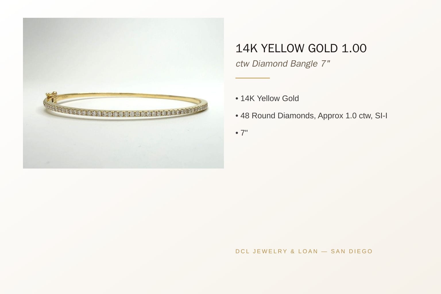 14K Gold 1.00 ctw Diamond Bangle Bracelet 7" 6