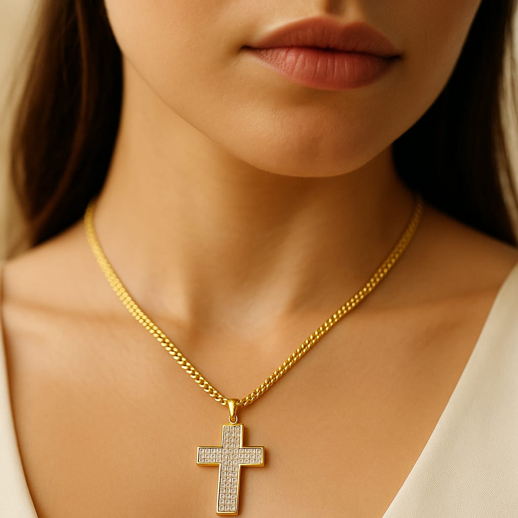 14K Yellow Gold 1.00 ctw Diamond Cross Necklace 7
