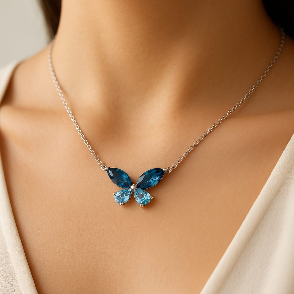 14K White Gold Blue Topaz Butterfly Necklace 7