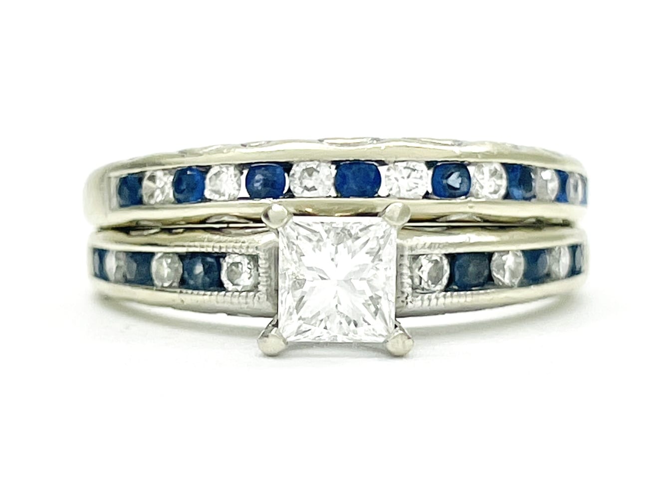 14K White Gold Diamond & Sapphire Wedding Set 1
