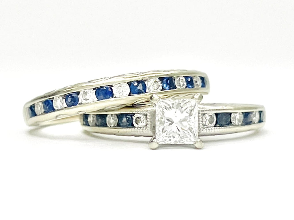 14K White Gold Diamond & Sapphire Wedding Set 7